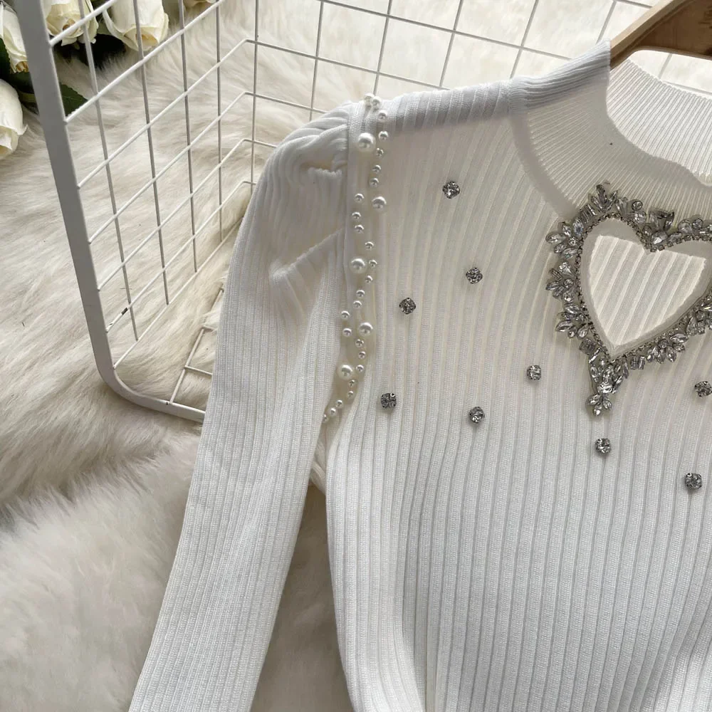 winter Elegant Diamond Pearl Beading Short Pullover Sweater Fashion  Elastic Knitted Puff Long Sleeve O-Neck Knitwear