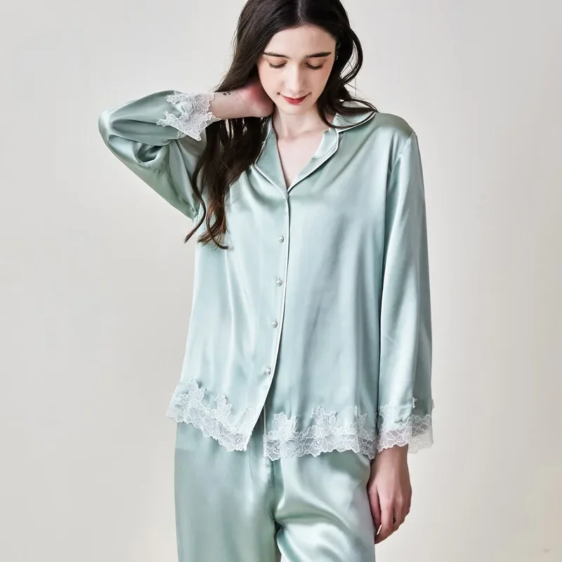 

Элегантный женский шелковый пижамный комплект с кружевной отделкой, кардиган из 100% тутового шелка, домашняя одежда, топ с длинными рукавами и брюки, двухсекционная ночная рубашка