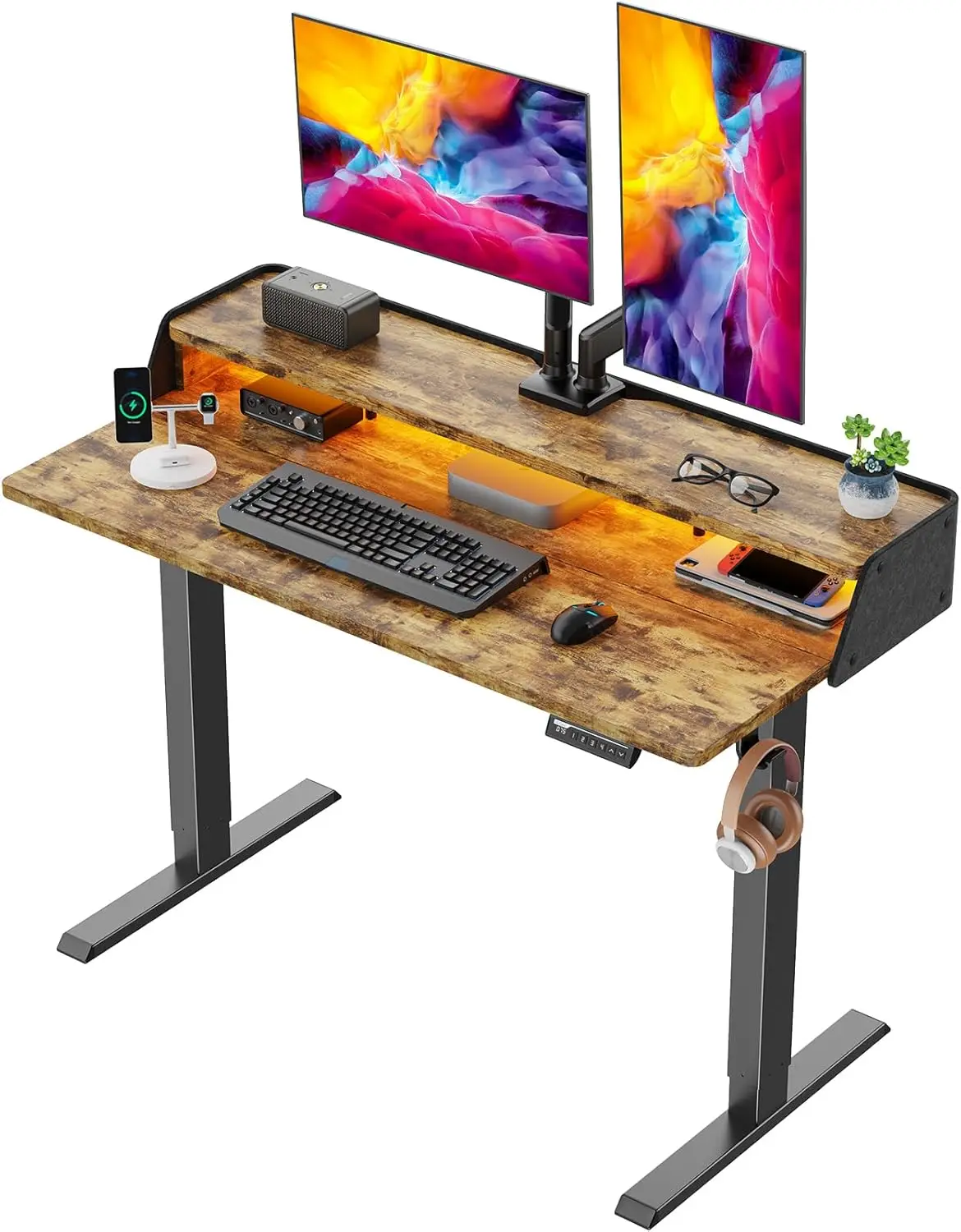 

48 Inch RGB LED Standing Desk Electric Height Adjustable Gaming Table with Shelf Dual Cable Holes Vintage Brown114