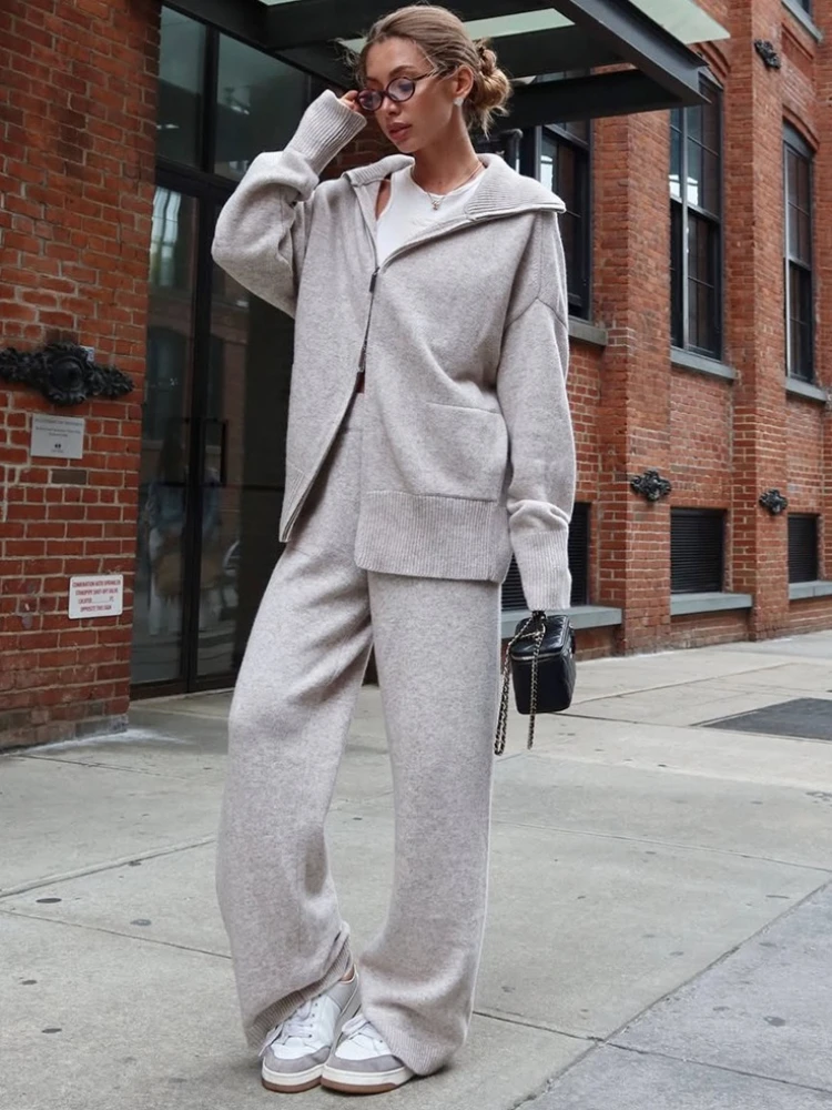 Tossy Casual Knitwear Sweater 2 Piece-Set Leg Trousers Women Solid Loose Zipper Cardigan And Wide-Leg Pants Knitwear Pant Sets
