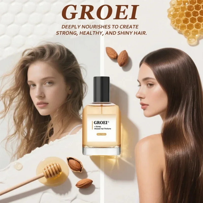 

GROEI Honey Hair Perfume Spray - Long-Lasting Fragrance with Natural Honey & Argan Oil, Adds Shine & Reduces Frizz, 50ml Bottle.