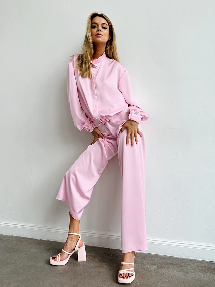 2023 Pink Satin Pajama Sets For Women 2 Pieces Lantern Long Sleeve Women's Pajamas Set Stand Collar Single-Breasted Sleepwear