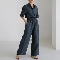 100% Linen  Jumpsuits For Women Short Sleeve Top +Wide Pants Overall Romper Streetwear Elegant One Piece Outfit Women