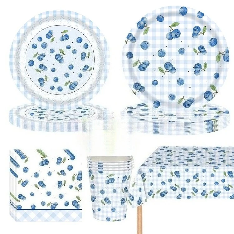 24 stücke Blueberry Party Geburtstag Thema Set Pappteller Seidenstoff Tischdecke Messer Gabel Löffel Party Supplies Party Dekoration