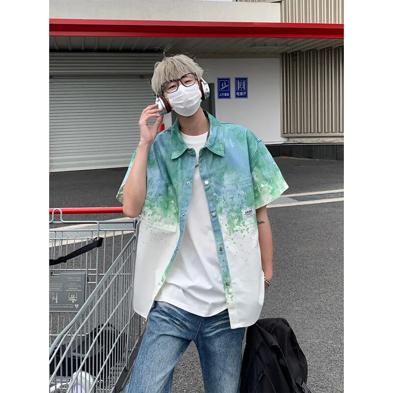 Denim Short Sleeve Shirt Men Tie Dye Gradient Fashion Youth Casual Summer Trendy Stylish Cotton Breathable Streetwear Hip Hop