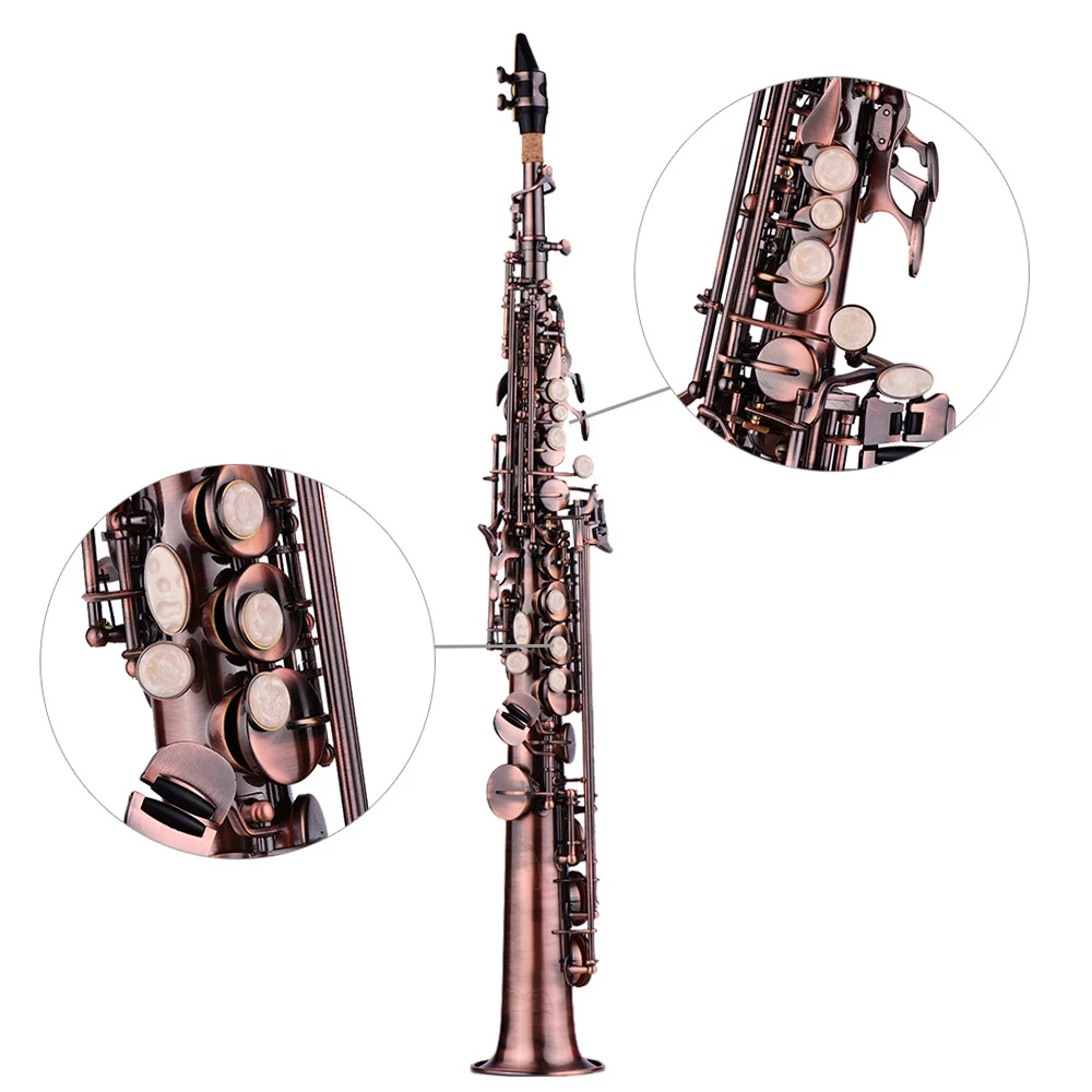 Professional Brass Straight Bb Soprano Saxophone Ni Plated Sax Woodwind Instrument Carve Pattern w Gloves Cleaning Cloth Straps