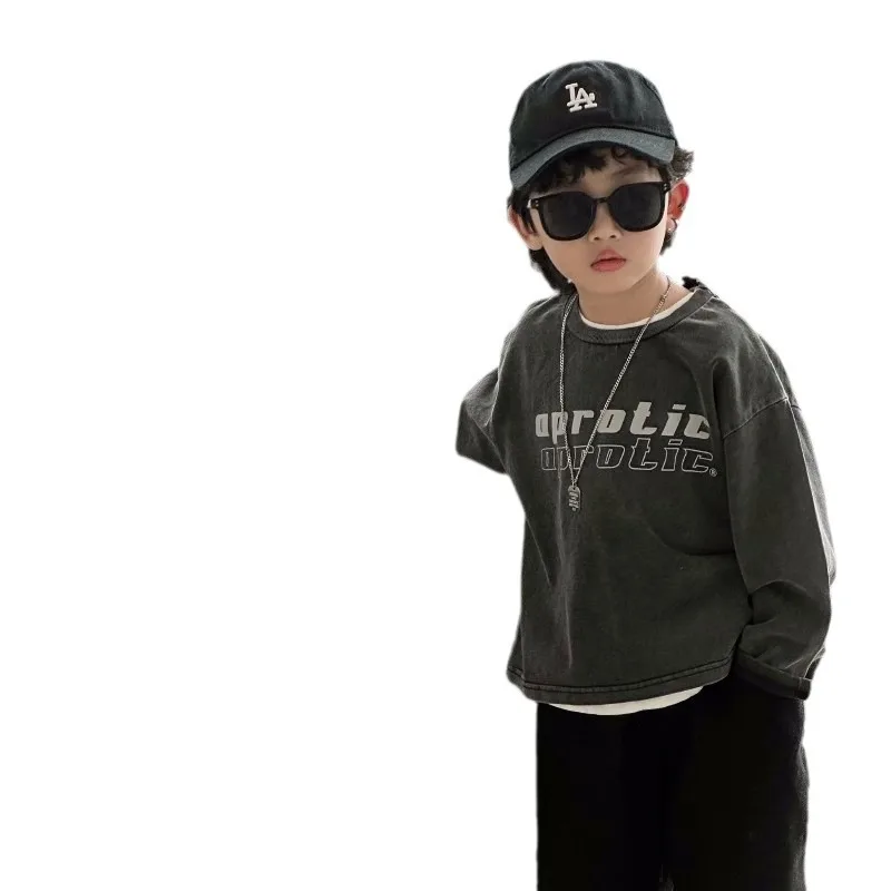 2025 Boys\' Spring and Autumn Clothes Handsome Boys\' Long Sleeved T-shirt Washed and Worn Cotton Base Shirt