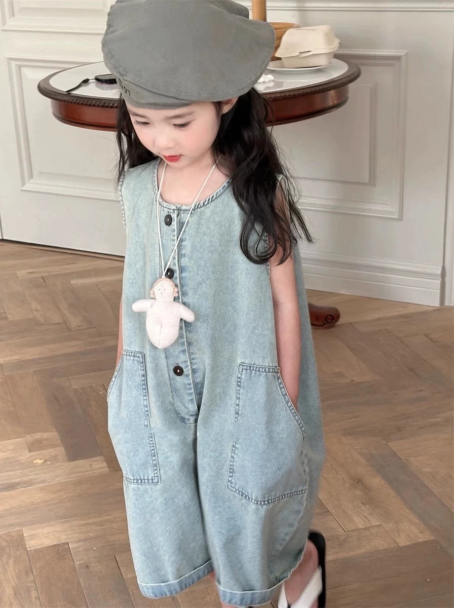 

2025 летние джинсовые комбинезоны для маленьких девочек, джинсы без рукавов, брюки, модные детские повседневные удобные комбинезоны, детская одежда на день рождения