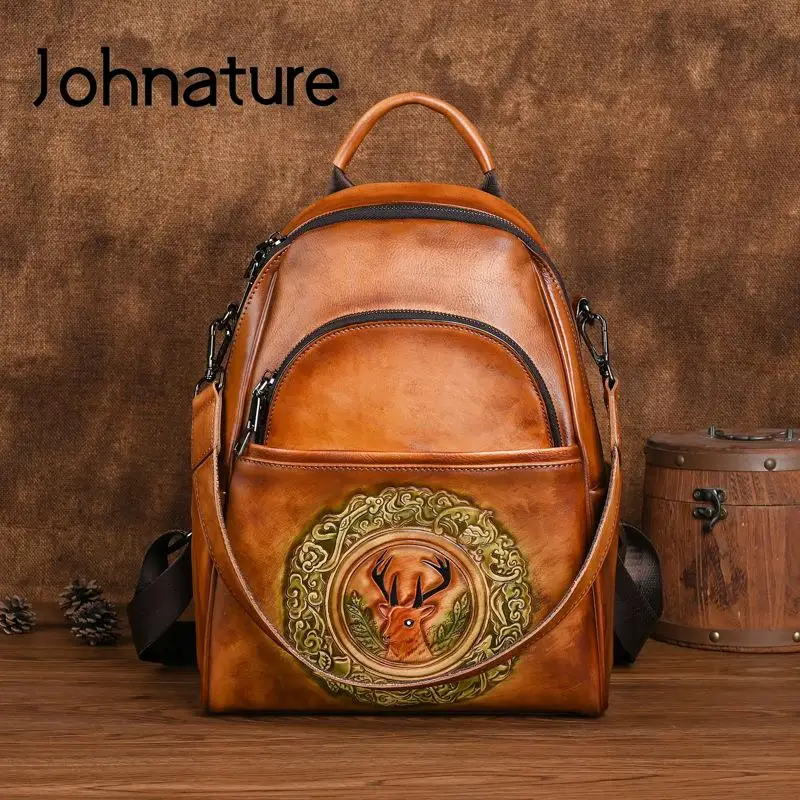 

Женский рюкзак в стиле ретро Johnature, вместительные дорожные сумки из натуральной воловьей кожи с тиснением, ручной работы, 2024