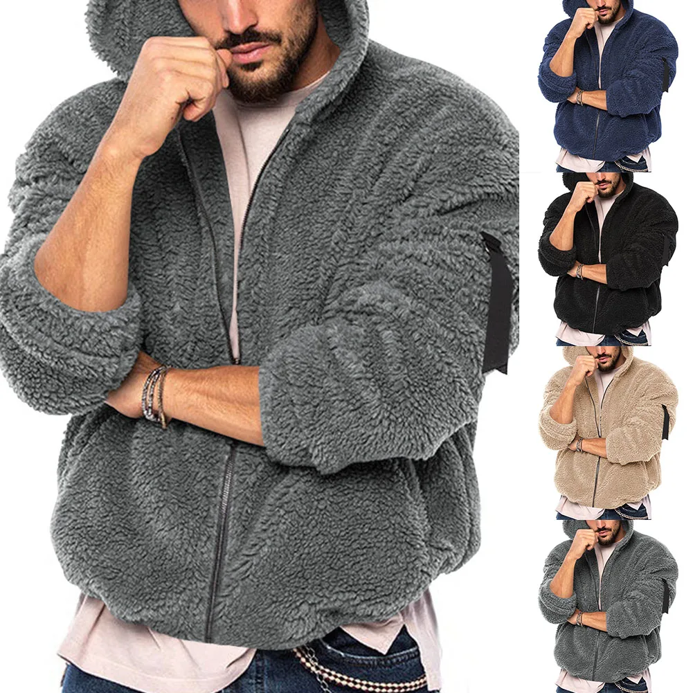 Mens Winter Warm Fleece Hooded Jacket Jacket Puffy Hooded Jacket Pocket Coat