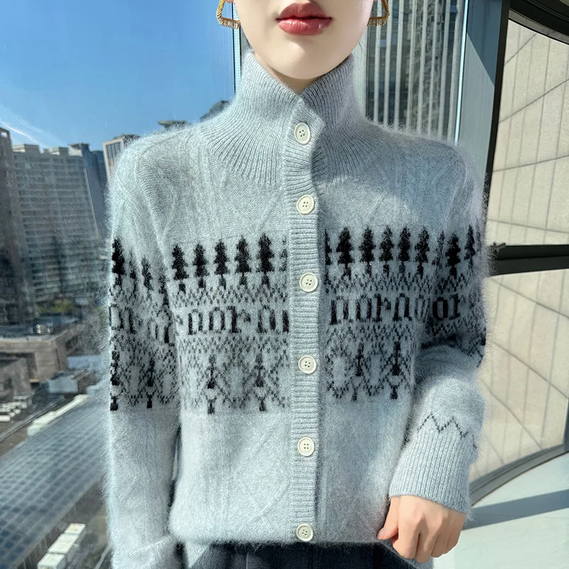 

Зимний женский кардиган, куртка из 100% норкового кашемира, универсальный вязаный свитер, новые свободные, толстые, облегающие жаккардовые теплые топы для поездок на работу