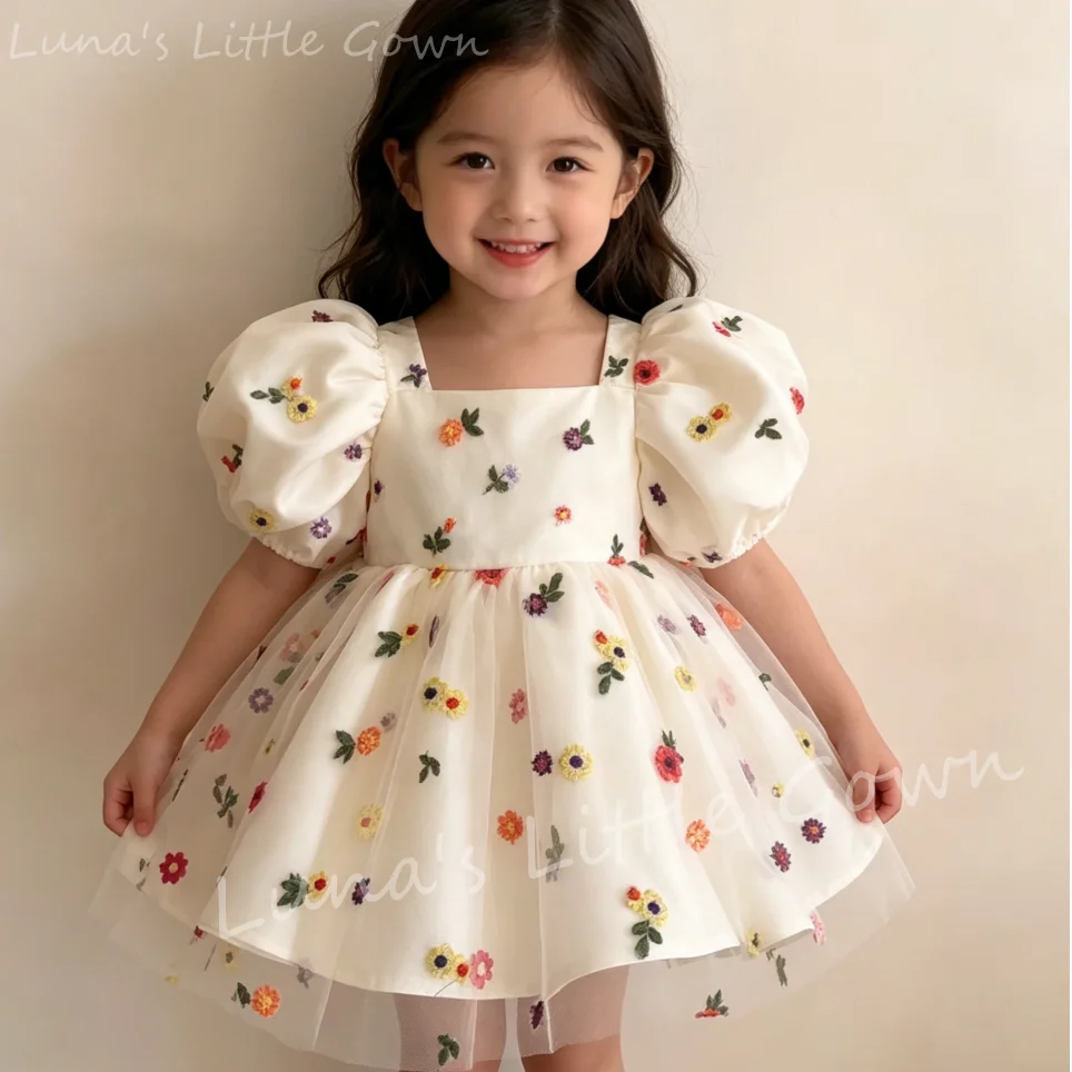 

Cream White 3D Floral Embroidery Flower Girl Dress Puff Sleeve Tulle Tutu Kids Luxury Ball Wedding Birthday Party Gown