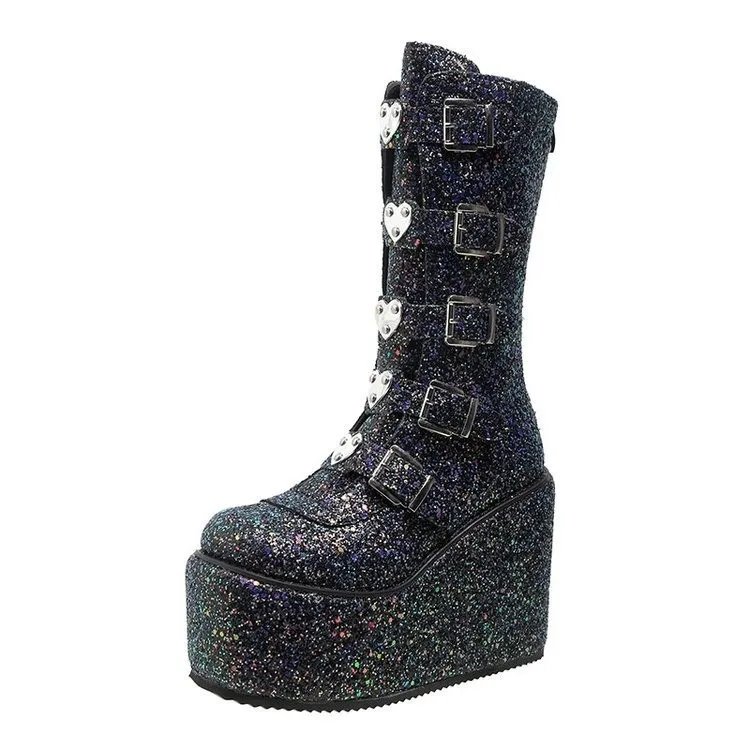 Punk Women Sequin Boots Ladies Cosplay High Boots Comfort Long Tube Boots Pink Platform High Wedges Women Shoes Gothic Boots