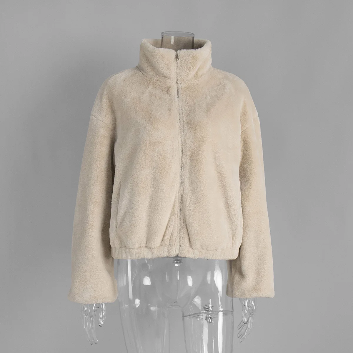 Jaket Bulu Kerah Tegak 2025 Musim Gugur dan Musim Dingin Item Baru dengan Jaket Ritsleting Jaket Bulu Hangat untuk Wanita