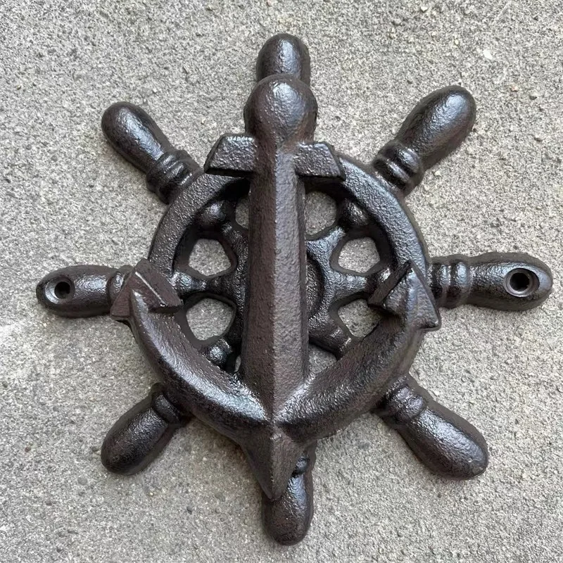

Cast Iron Ship Wheel Door Knocker, Nautical Wall Mount, Brown, Vintage Rustic Style, 6.3x6.3 Inches, with Mounting Hardware
