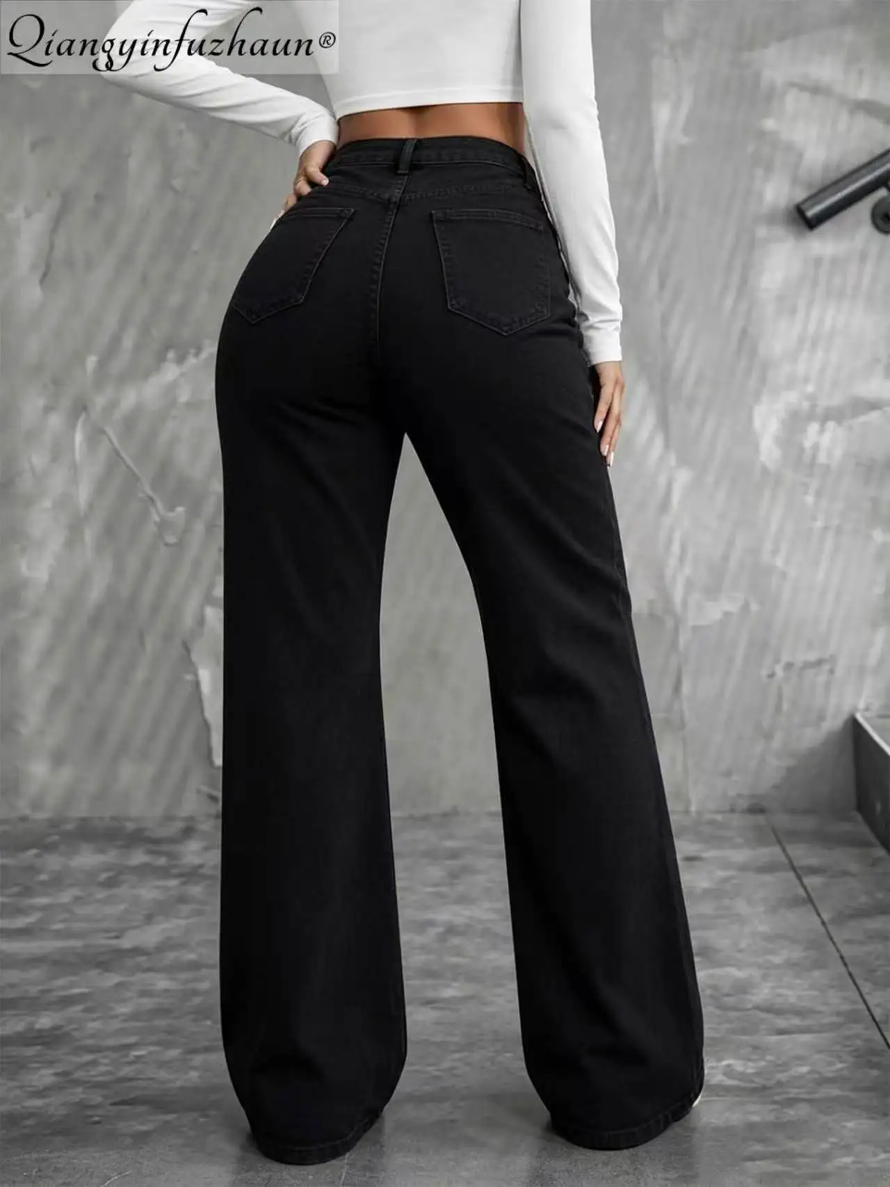 Washed black straight-leg women's high-waisted slimming pants, 2026 new style, versatile and loose-fitting, comfortable denim lo
