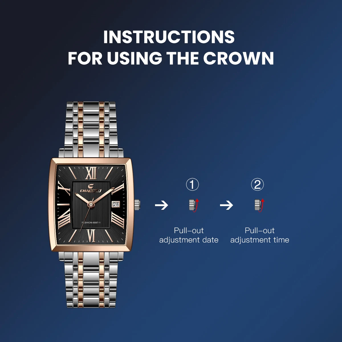 ساعة CHAXIGO للرجال كاجوال مربعة من الفولاذ المقاوم للصدأ، هيكل 32 ملم، عرض التاريخ، مقاومة للماء حتى 30 مترًا، ساعة كوارتز #3