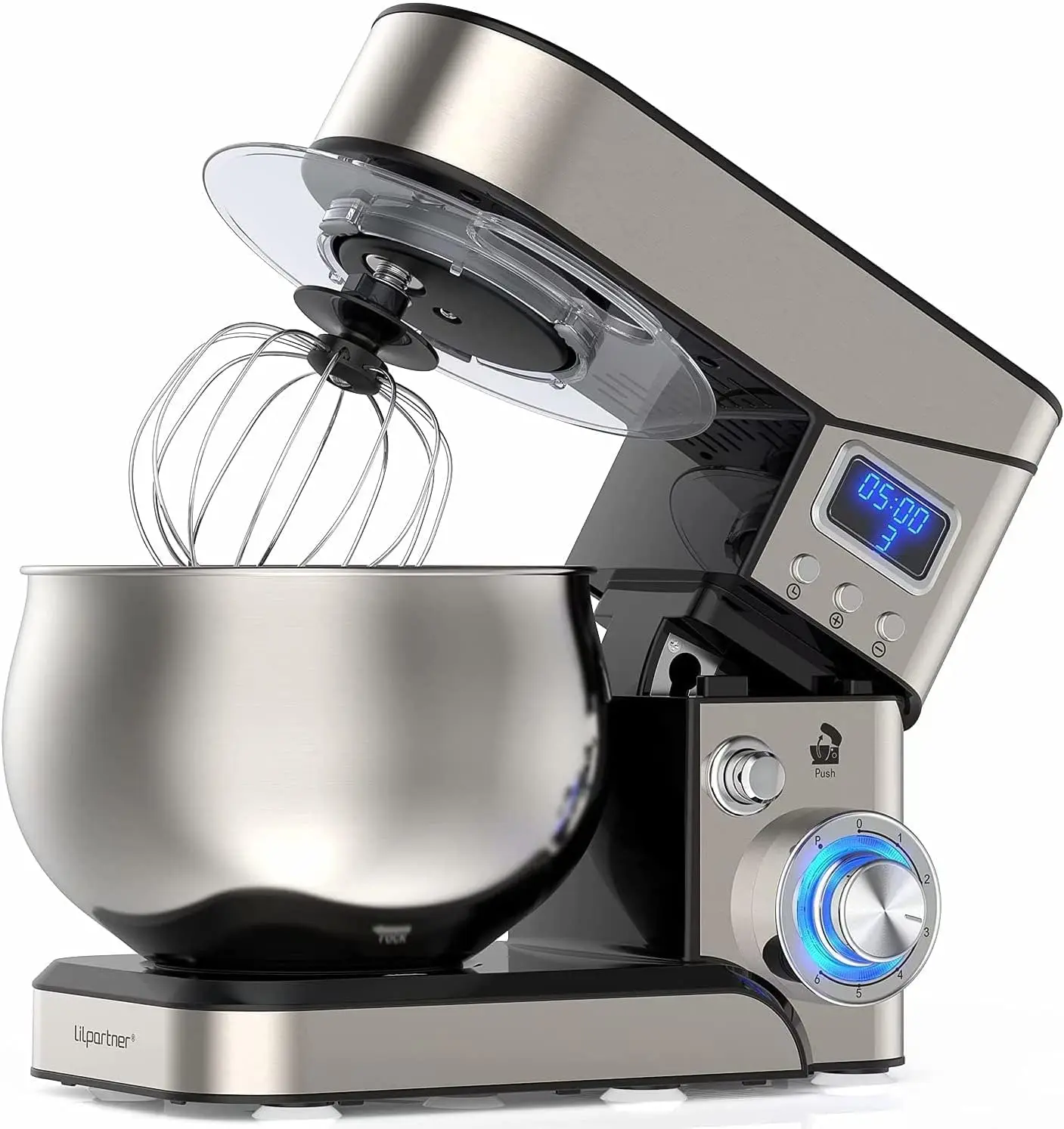 Stainless Steel 5.3-QT LCD Display Food Mixer, 6+P Speed  Mixer Tilt-Head Mixer with Stainless Steel Bowl, Dough Hook, Beater