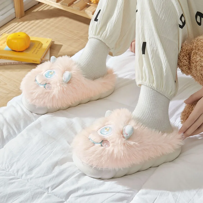 Bebealy Cute Cartoon Plush Slippers For Women Fluffy Winter Furry Animal Home Slippers Indoor Fuzzy Couple Casual Cotton Slipper