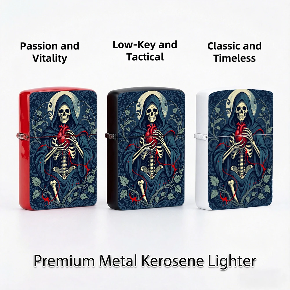 Flip Top Lighter Grim Reaper Skeleton Holding Heart Dark Gothic Art Pattern lighters vintage lighters for smokers Collectible
