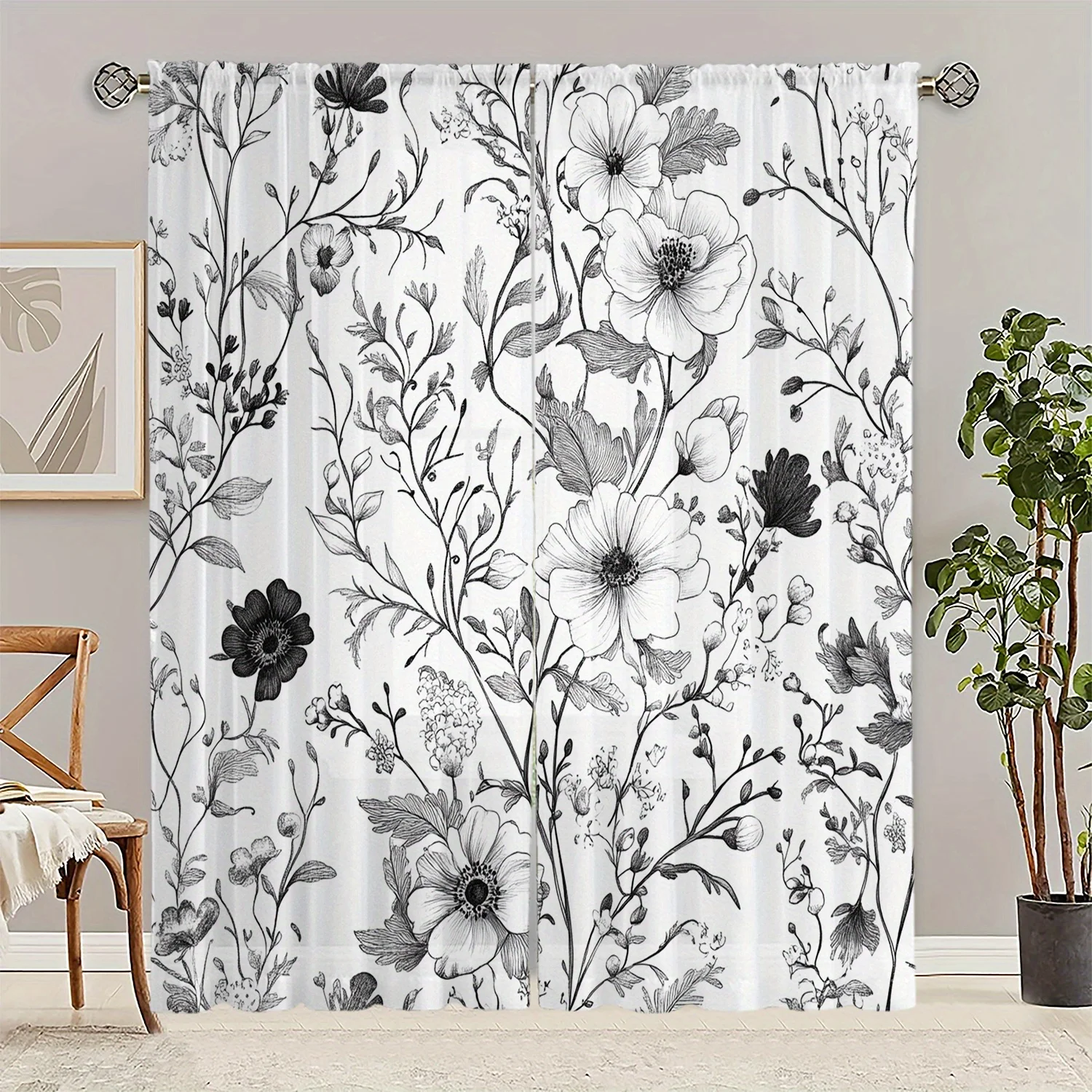 

2 Pieces Black and White Floral Print Pattern Curtains, Polyester Fabric, Suitable for Bedroom Living Room Decoration