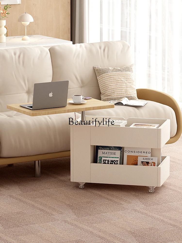 Cream Style Sofa Side Cabinet Tea Table Storage Rack Universal Wheel Mobile Lifting Tea Table Wooden Trolley