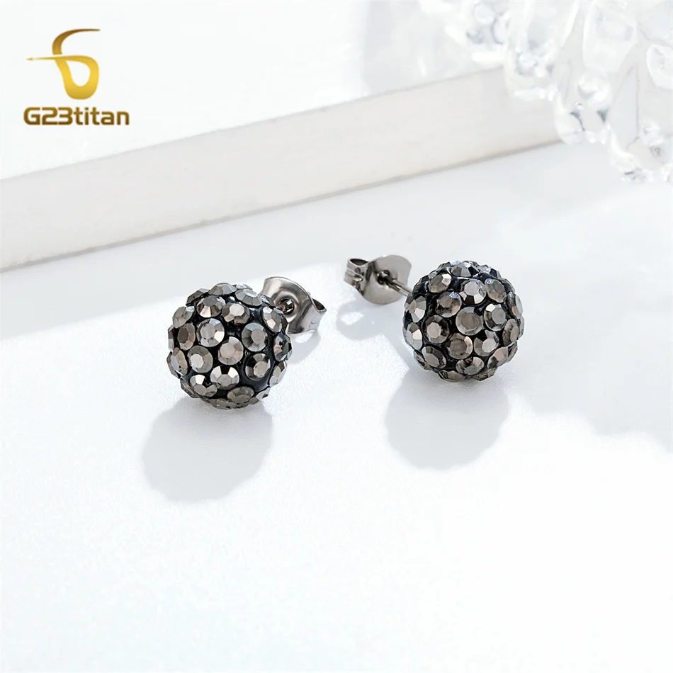 Grey Crystal Clay Ball Bead Earrings for Men Teen Hypoallergenic Titanium Piercing Jewelry Classic Women Man Accessories Present