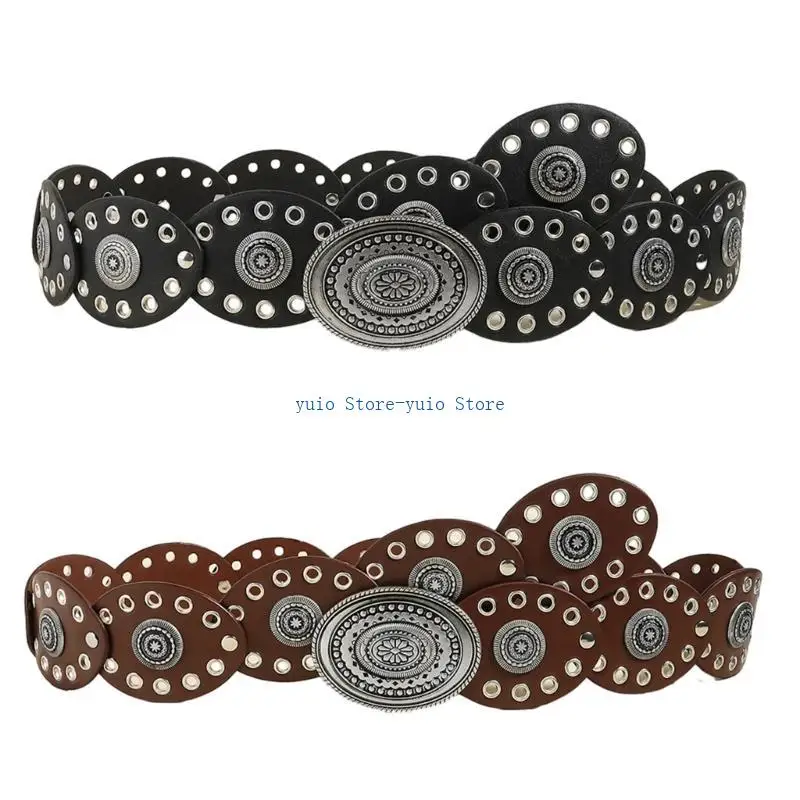 

X7XB Women Belt Oval Buckle PU Leathers Hollowed Out Wide Belt for Jeans Pants Dress