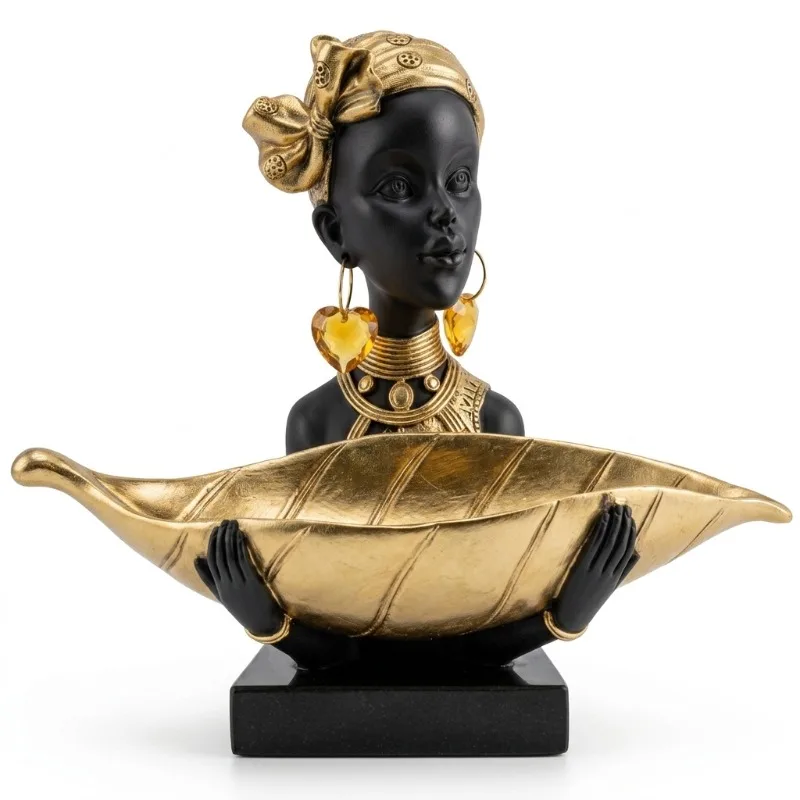 Storage of Resin Statues of African Tribal Art, Storage Trays, Gold and Black Sculptures, Entrance Table, Living Room Decoration
