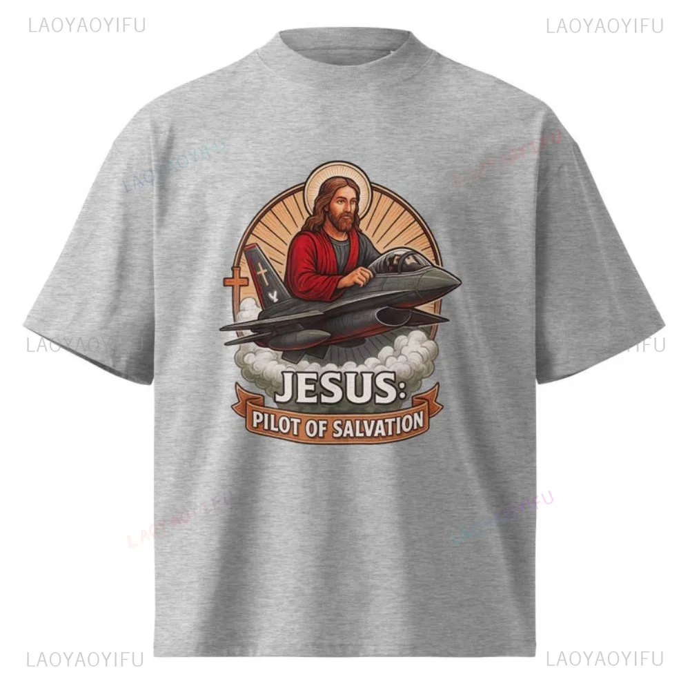 Jesus Pilot Fighter Jet Graphic Christian Tshirt Casual Fashion Loose Harajuku Funny Man T Shirt Cotton Short Sleeve Women Tees