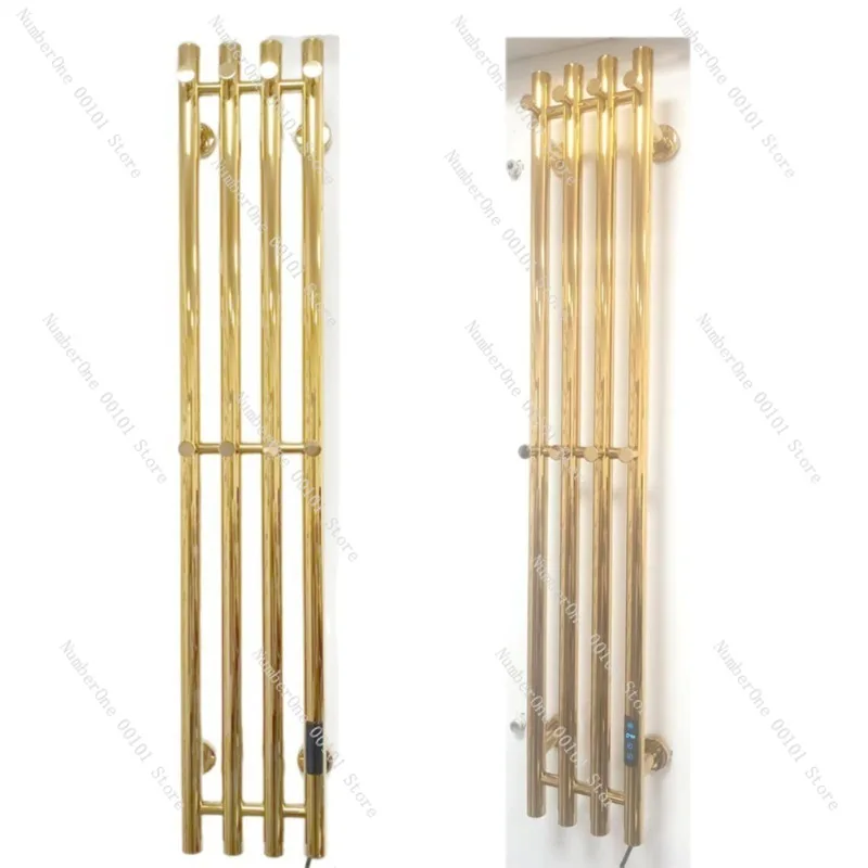 Elegant Gold Electric Towel Warmer Rack Vertical Wall Mounted Heated Bath Towel Rail with Hooks EU Plug Timer Thermostat