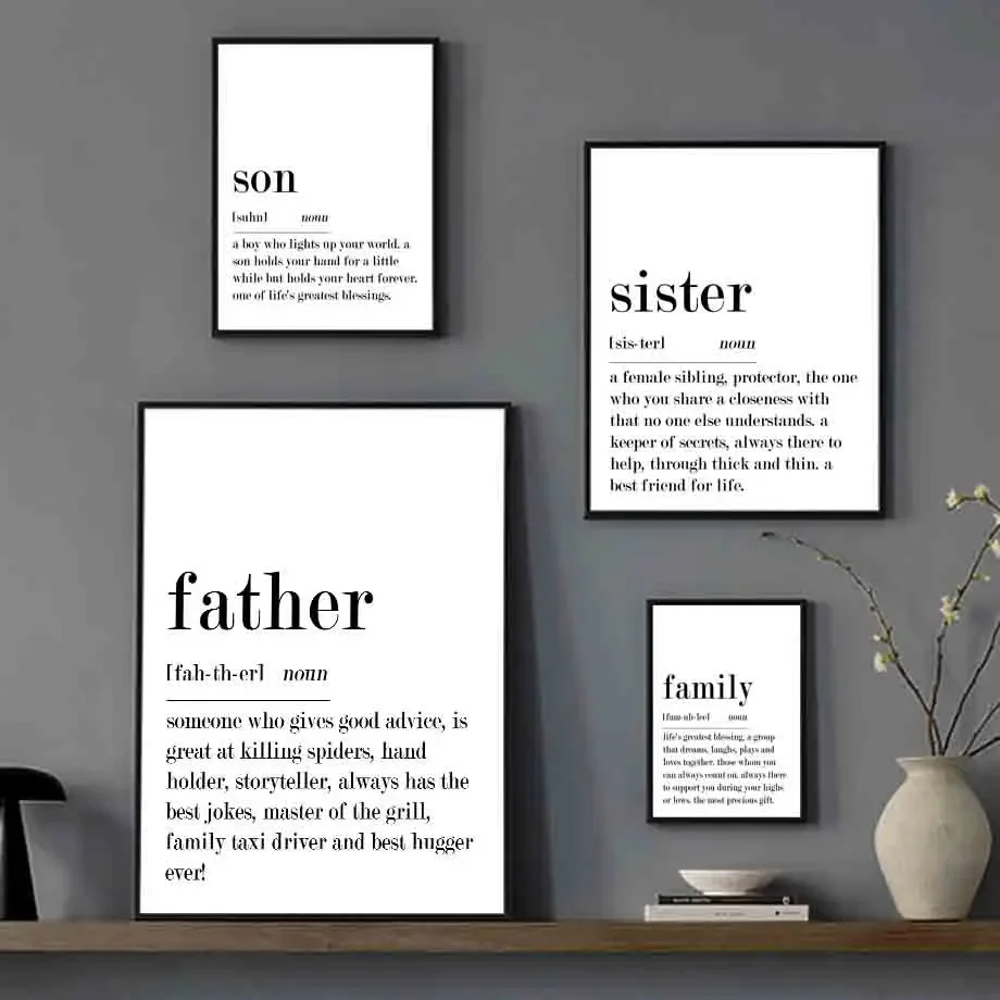 Black White Minimalist Love Family Life Sibling Modern Wall Art Canvas Painting And Prints Wall Pictures For Living Room Deco