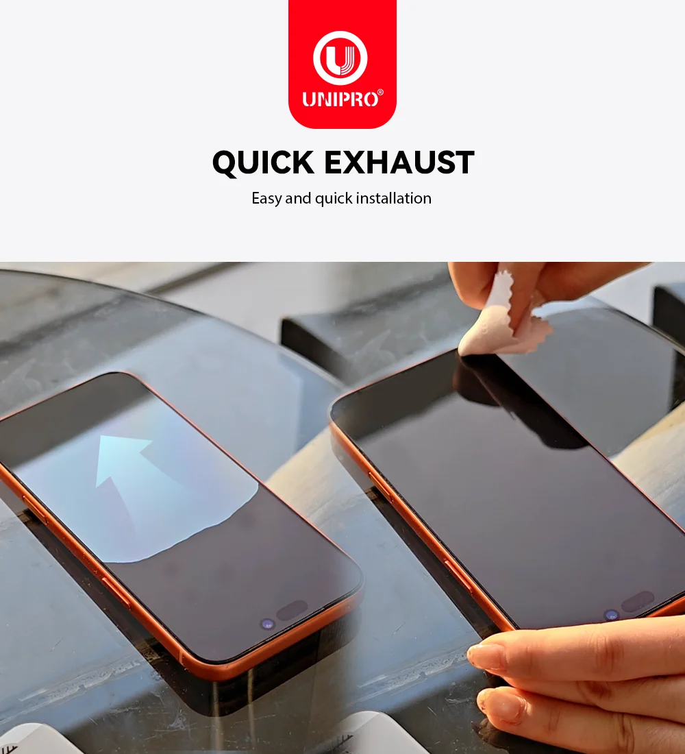 UNIPRO – wyjątkowo wytrzymałe, powlekaną antyrefleksyjnie i antyobrazową warstwą folią ochronną na ekran do iPhone 18, 17, 16, 15 Pro Max. Wytrzymałość 45 kg. Folia do iPhone 18 Duo. — zdjęcie produktu 4