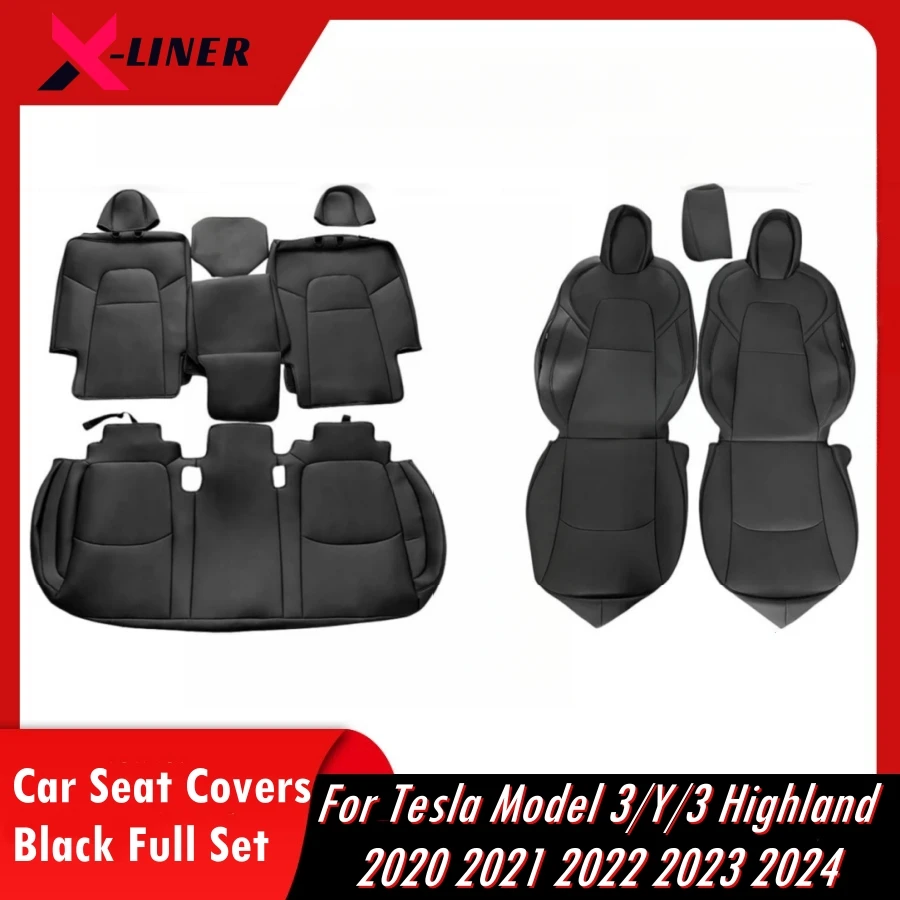 Black Full Set Car Seat Covers For Tesla Model Y 3 Highland 2020-2024 Nappa PU Front & Rear 5-Seat Seat Cover Cushion Protectors