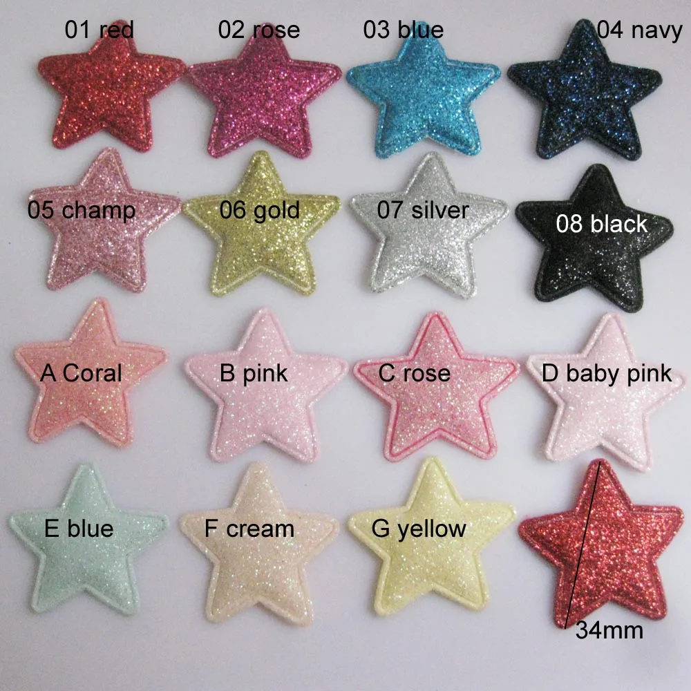 PANNEO About 34MM Glitter Star Appliques For Craft Design 50Pcs Multicolors DIY Scrapbook Headwear Ornament Clothes Accessories