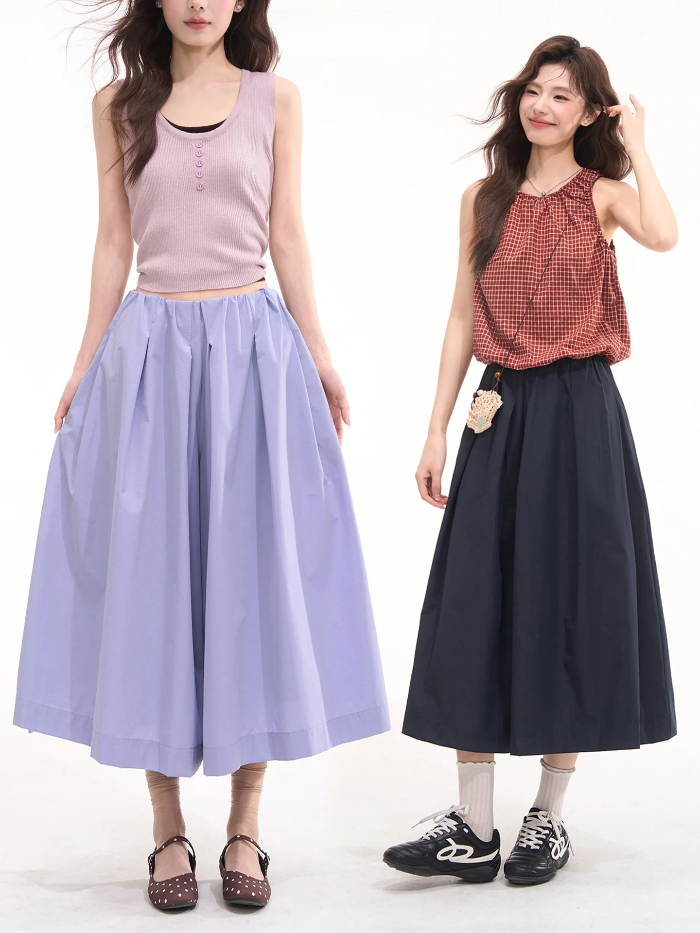  Candy Striped Elastic Waist Pleated Wide Leg Pants Skirt Casual Summer Trousers for Women Cotton Polyester Blend