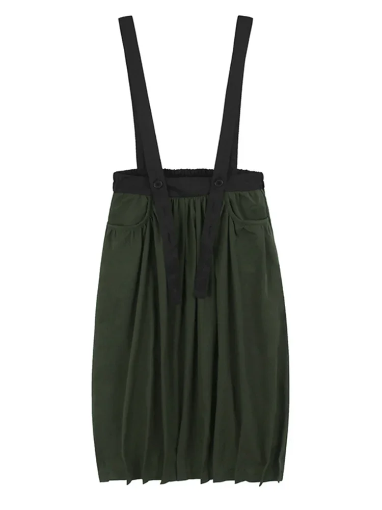 XITAO Contrast Color Fold Suspenders Dress Pocket Patchwork Elastic Waist Loose Slimming All Match Casual Mid-calf Dress GMM1250