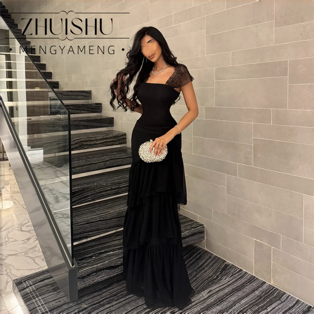 ZHUISHU Vintage Black Lace Mermaid Evening Dress Square Collar Pleat Tiered Customized Formal Party Gowns Vestido De Festa