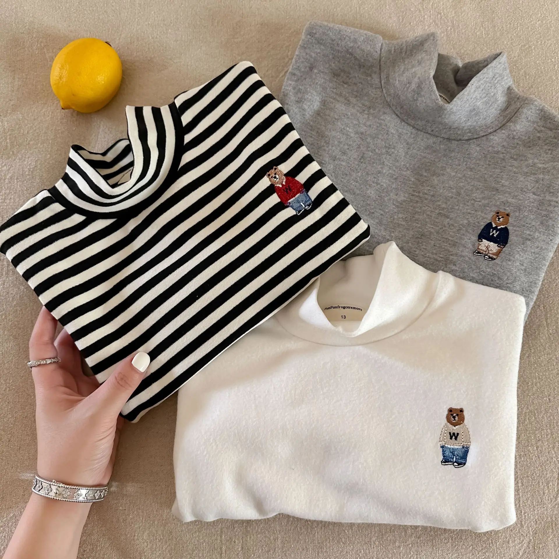2025 Winter New Children Fleece Bottoming Shirts Girls Thick Warm T Shirts Cotton Boys Long Sleeve Striped Tops Kids Clothes