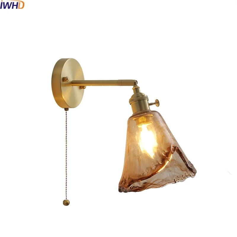 

IWHD Pull Chain Switch LED Wall Lamp Sconce Corridor Bedroom Living Room Glass Copper Nordic Bathroom Mirror Light Fixtures