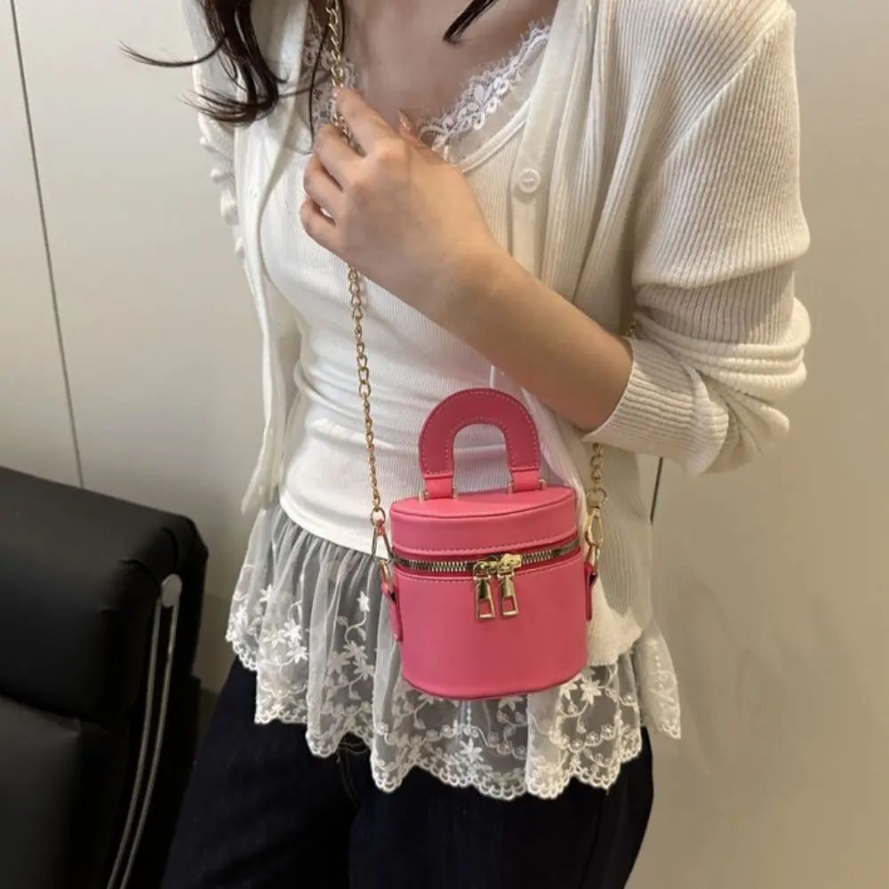 

Sweet Solid Color Box Crossbody Bag Minority Design Shoulder Bag Mini Lipstick Bag PU Leather Metal Chain Cylinder Bag Girls