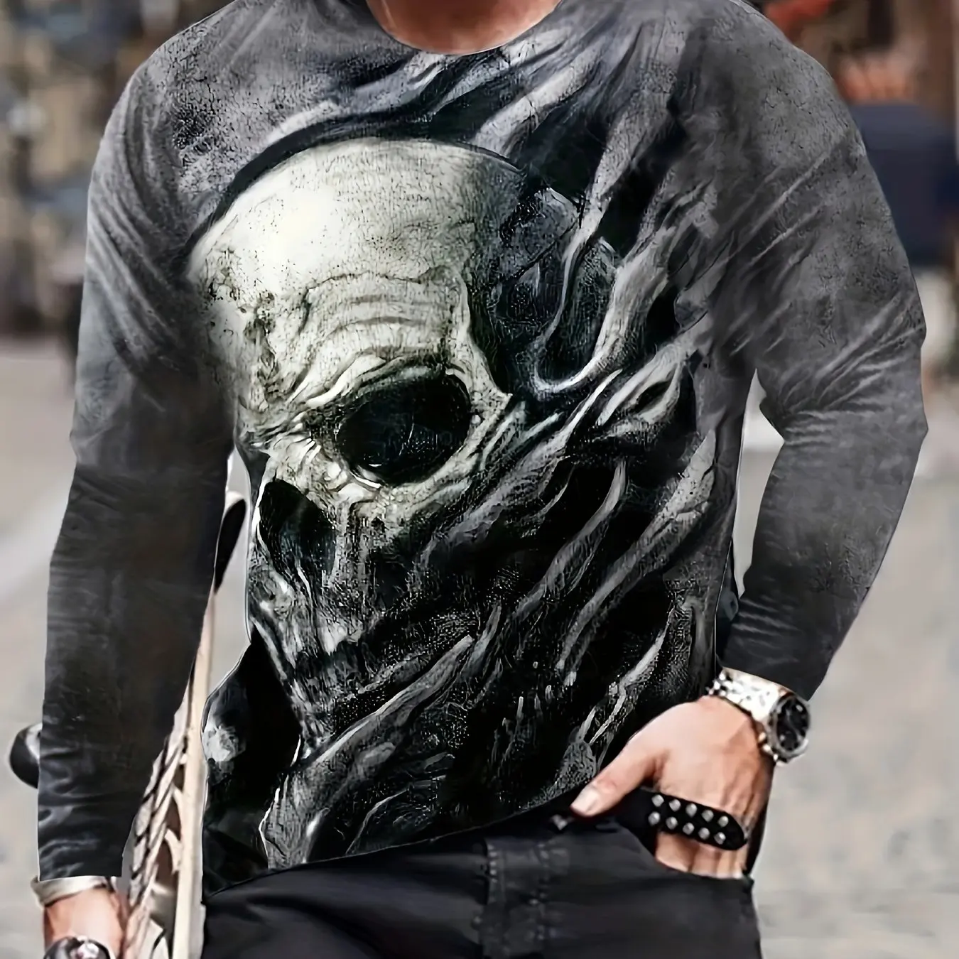 2024 new men's long-sleeved t-shirt 3d printed high-definition skull print men's tops casual round neck street hip-hop