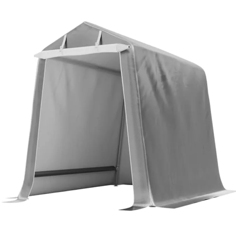 Outdoor storage shed tent for motorcycle, bike, lawn mower, tools; waterproof UV-resistant gray polyethylene canopy with roll-u