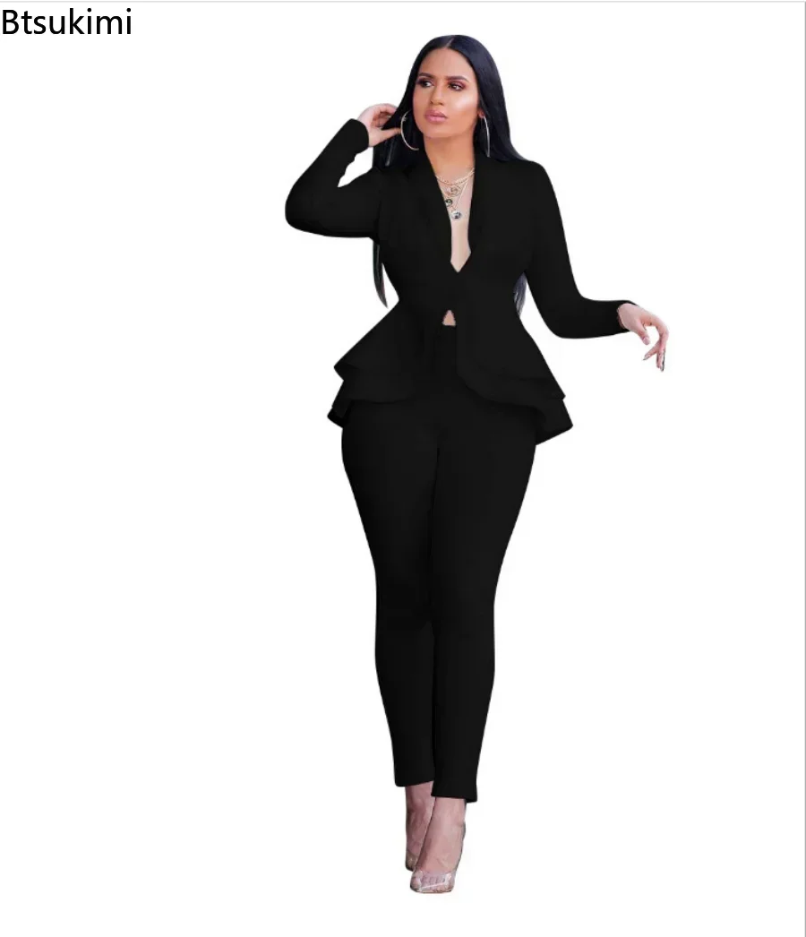 2025 Women\'s Formal Set 2PCS Tracksuit Full Sleeve Ruffles Blazers Pencil Pants Suit Two Piece Set Office Lady Outfits Uniform