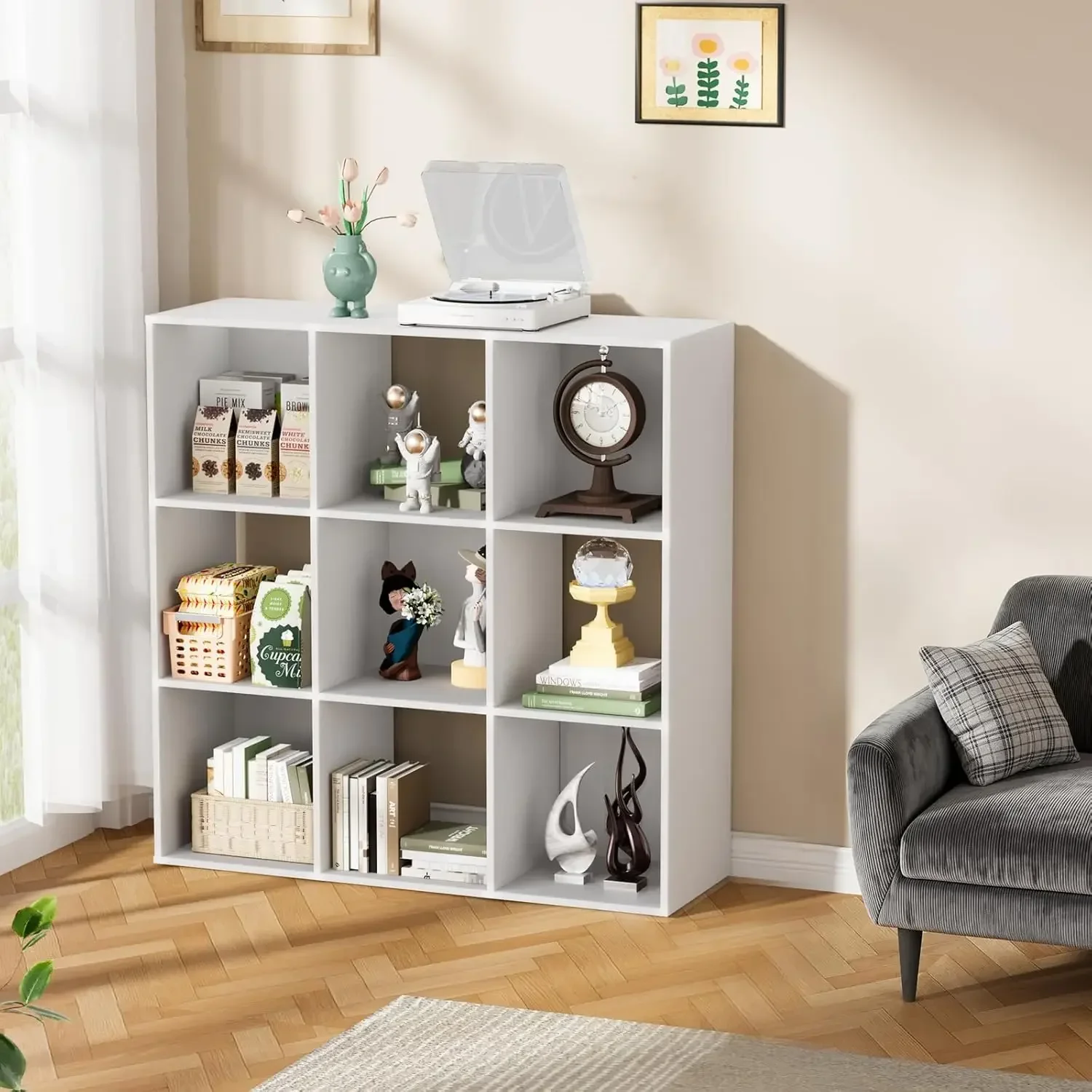 Nine Cube Storage Organizer White Free Standing Display Shelf Open Cubes Floor Standing Bookcase Office Living