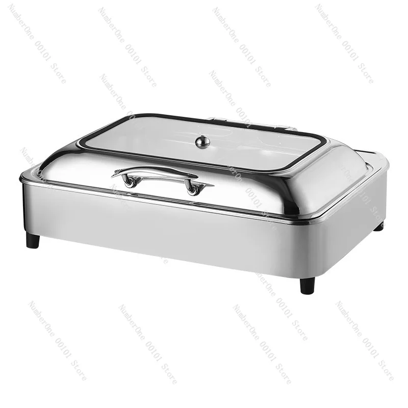 Stainless steel buffet stove with visible flip-top lid for breakfast