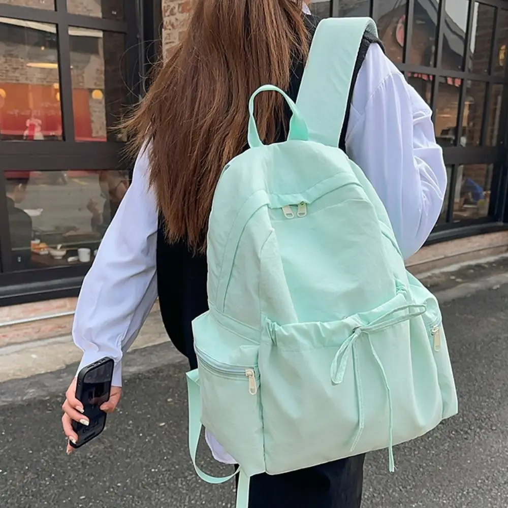 Y2k Sweet Bow Backpack Bowknot Minimalist Drawstring Rucksack Durable Solid Color Student School Bag Travel Use