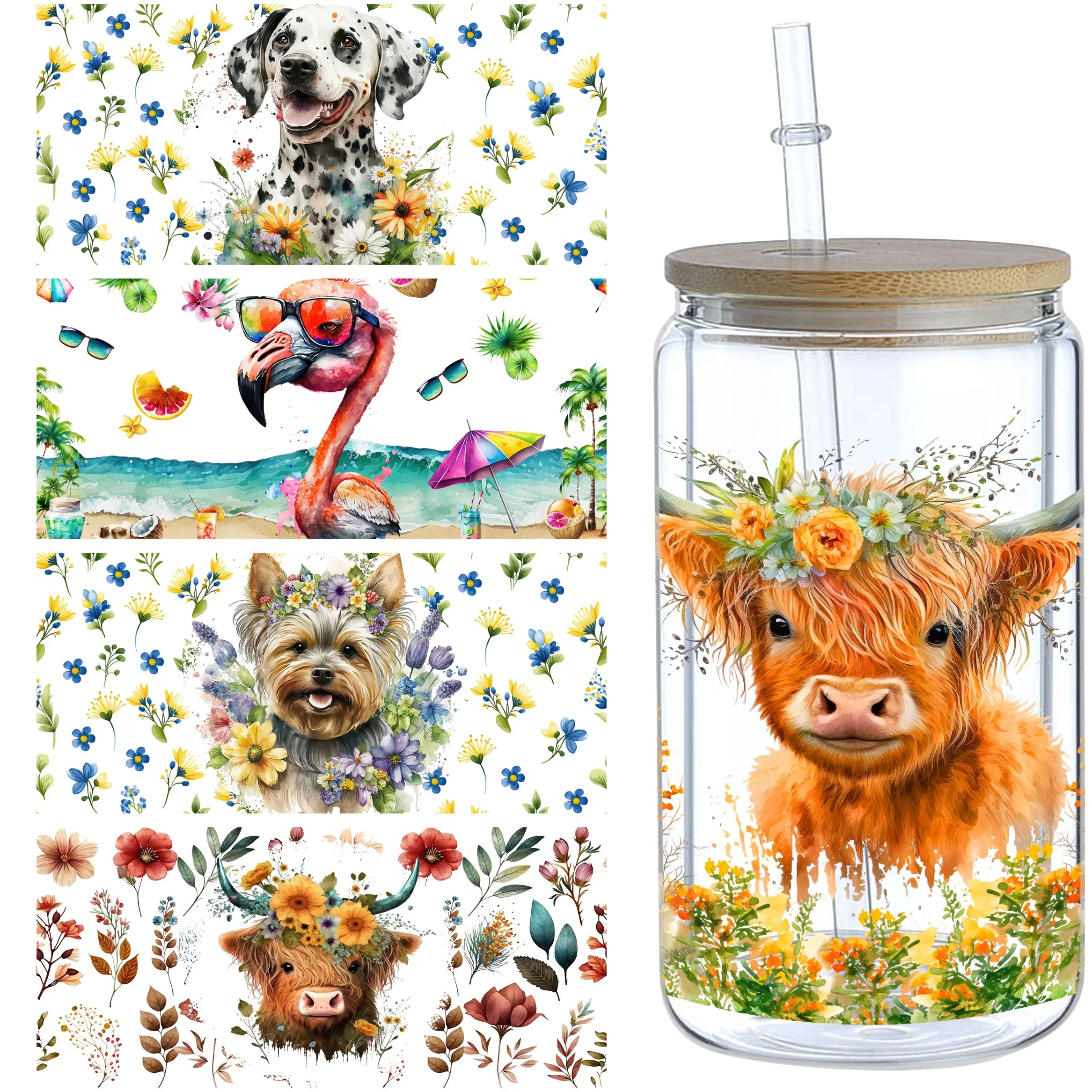 5 Shet animal Rub on Transfers for Crafting, UV DTF Transfer Waterproof Sticker for 16OZ Glass Cups Furniture Craft Wood DIY