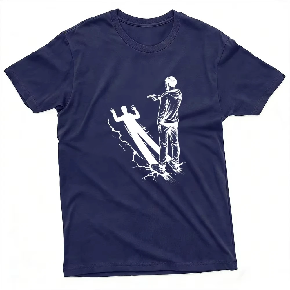 Dark Crime Scene Gunman Cracked Ground Silhouette Graphic T Shirt Minimal White Sketch Criminal Thriller Print Men T Shirt
