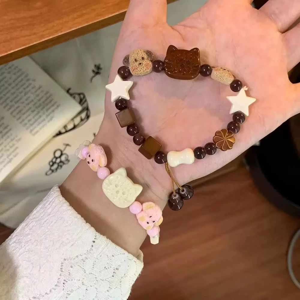 1/2pcs Ceramic Beaded Bracelet Cartoon Cute Cat Puppy Hand Woven Rope Bangle Fashion Y2k Best Friend Couple Niche Jewelry Gifts